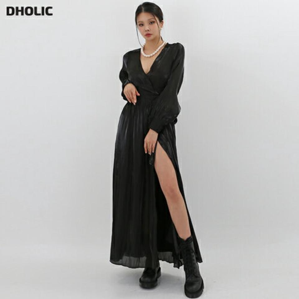 【送料無料】Vネックサテンマキシワンピース・p002516 レディース 【ops】ワンピース ロング丈 長袖 Vネック 鎖骨 デコルテ スリット マキシ丈 サテン 光沢 ツヤ 艶 パフ袖 パフスリーブ 単色 無地 ベーシック 秋 冬 セクシー 韓国ファッション MKT