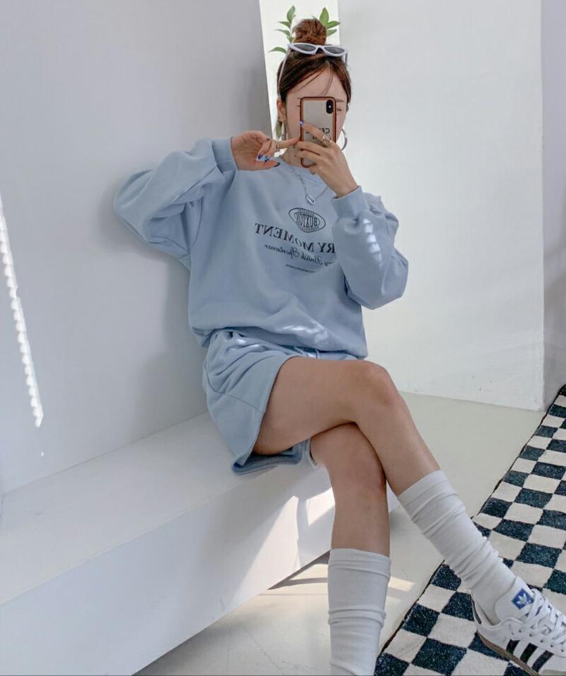 EVERY MOMENTスウェット&ドロストハーフパンツSET・p002486 レディース 【pt】セットアップ セット setup トップス スウェット トレーナー 長袖 柄 模様 ロゴ ロゴT パンツ ショート丈 ショーパン ドロスト 秋 冬 カジュアル 韓国ファッション MKT