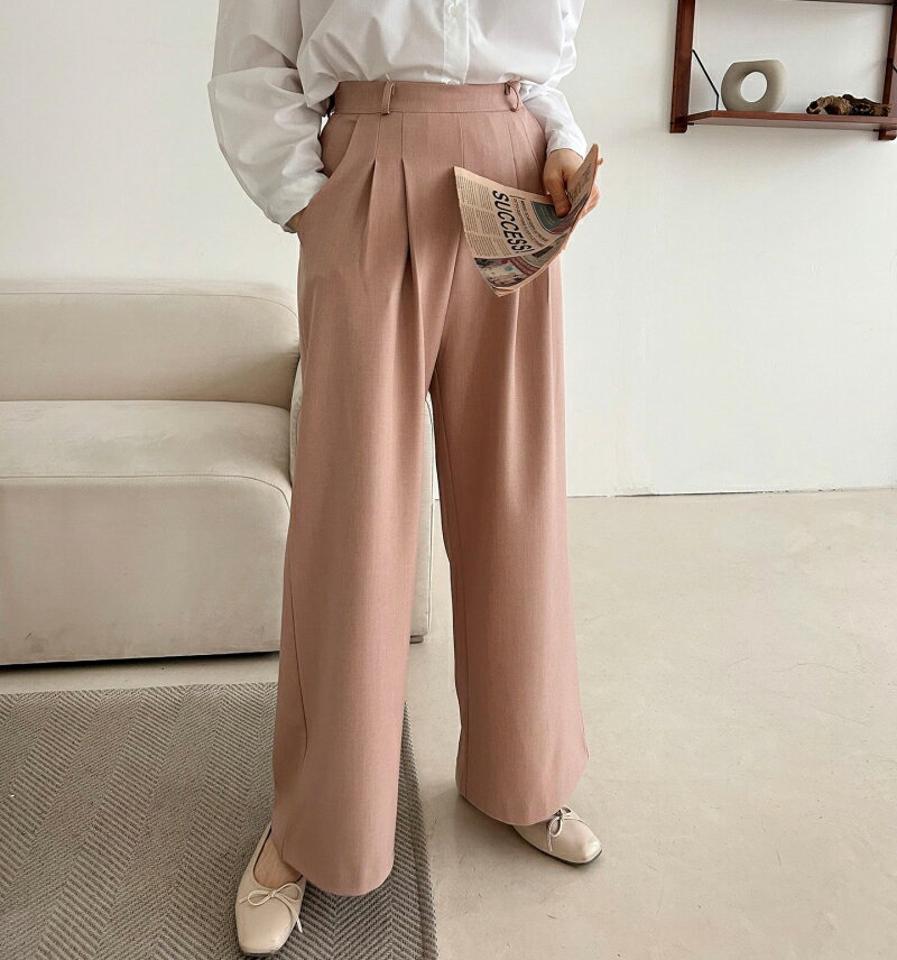 【マラソン特価】ツータックワイドスラックス・p002534 レディース 【pt】パンツ ロング丈 単色 無地 シンプル ベーシック スラックス ツータック ワイド フルレングス ハイウエスト 秋 冬 オフィスカジュアル 大人 OL 韓国ファッション MKT