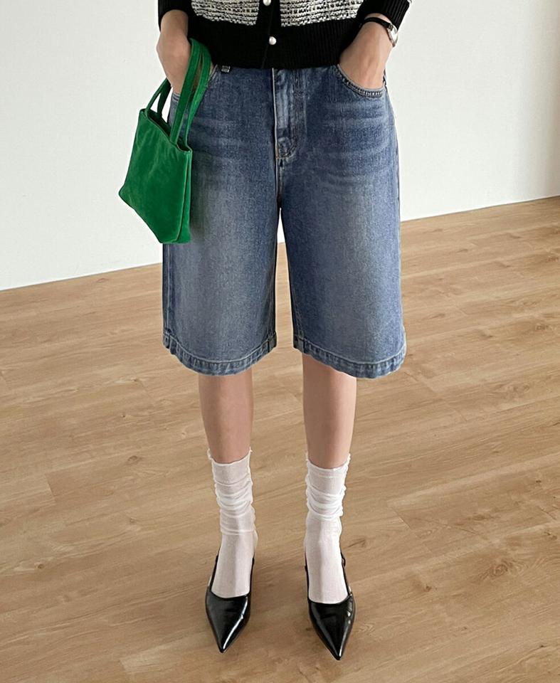 イージーハーフデニムパンツ・t71844 レディース 【pt】ボトムス ショート ショートパンツ デニムパンツ ハイウエスト ワイド ウエスト後ろゴム ハーフ丈 シンプル フェミニン カジュアル 可愛い かわいい 秋 冬 春 韓国ファッション