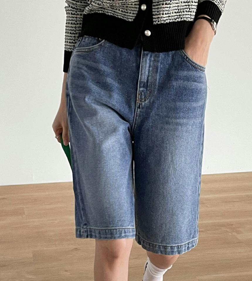 イージーハーフデニムパンツ・t71844 レディース 【pt】ボトムス ショート ショートパンツ デニムパンツ ハイウエスト ワイド ウエスト後ろゴム ハーフ丈 シンプル フェミニン カジュアル 可愛い かわいい 秋 冬 春 韓国ファッション