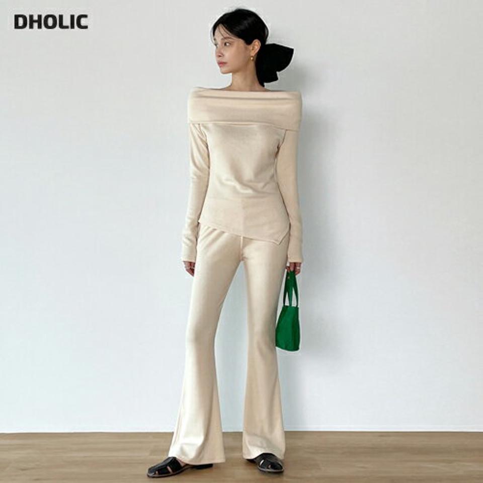 オフショルダーTシャツ&フレアパンツSET・t71830 レディース 【pt】setup セットアップ Tシャツ パンツ オフショルダー 長袖 アンバランスへム フレア ウエストゴム シンプル 無地 単色 フェミニン カジュアル 秋 冬 春 韓国ファッション