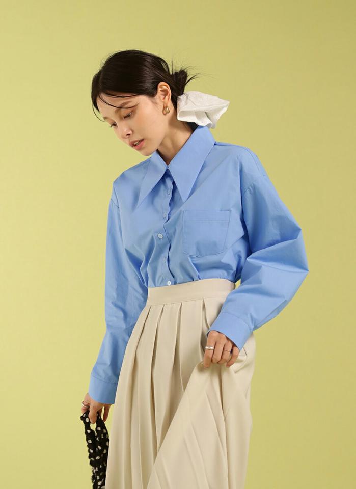 バリモアカラーポケットシャツ・t71834 レディース 【bl】トップス シャツ バリモアカラー 長袖 ドロップショルダー ルーズ コットン 綿 無地 単色 シンプル かわいい 可愛い カジュアル フェミニン 秋 冬 春 韓国ファッション