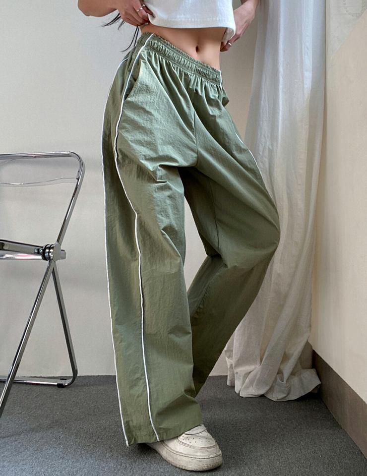 【マラソン特価】ナイロンパイピングワイドパンツ・p002543 レディース 【pt】パンツ ロング丈 ワイド 柄 模様 配色 パイピング ウエストゴム 楽ちん 長ズボン ズボン 秋 冬 カジュアル ラフ ゆったり かっこいい スポーティ 韓国ファッション MKT セール