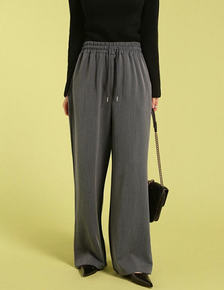 ヘリンボーンストリングワイドパンツ・t71855 レディース 【pt】ボトムス ロング ロングパンツ スラックス ワイド ストレート フルレングス ハイウエスト ヘリンボーン ロング丈 シンプル フェミニン カジュアル 秋 冬 春 韓国ファッション