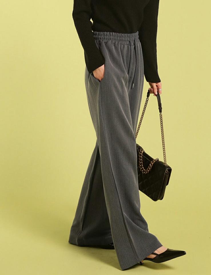 ヘリンボーンストリングワイドパンツ・t71855 レディース 【pt】ボトムス ロング ロングパンツ スラックス ワイド ストレート フルレングス ハイウエスト ヘリンボーン ロング丈 シンプル フェミニン カジュアル 秋 冬 春 韓国ファッション