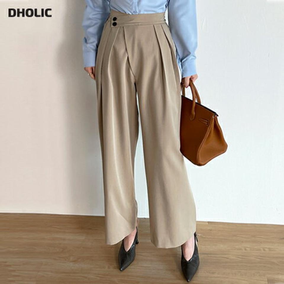 サイドツーボタワイドンスラックス・t00397 レディース 【pt】ボトムス ロング ロングパンツ スラックス ワイド ツータック ハイウエスト 後ろゴム ロング丈 無地 単色 シンプル フェミニン カジュアル 秋 冬 春 韓国ファッション