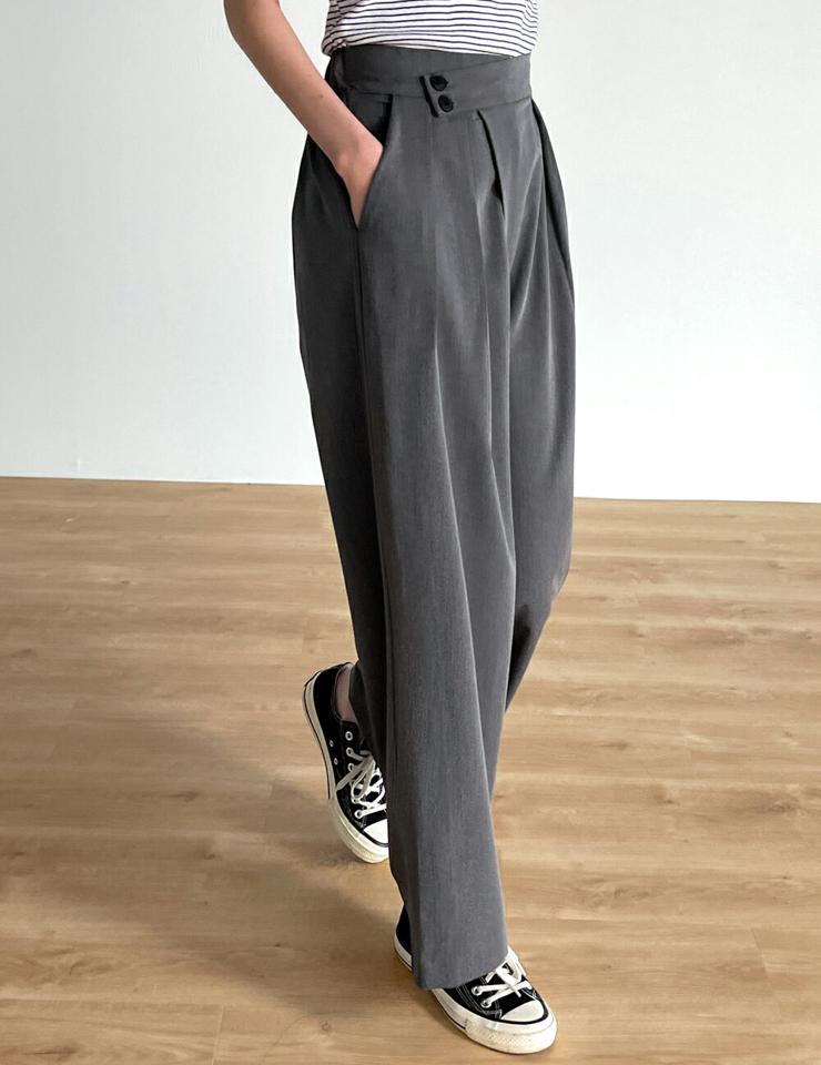 サイドツーボタワイドンスラックス・t00397 レディース 【pt】ボトムス ロング ロングパンツ スラックス ワイド ツータック ハイウエスト 後ろゴム ロング丈 無地 単色 シンプル フェミニン カジュアル 秋 冬 春 韓国ファッション