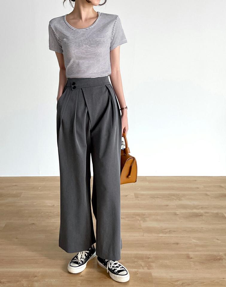 サイドツーボタワイドンスラックス・t00397 レディース 【pt】ボトムス ロング ロングパンツ スラックス ワイド ツータック ハイウエスト 後ろゴム ロング丈 無地 単色 シンプル フェミニン カジュアル 秋 冬 春 韓国ファッション