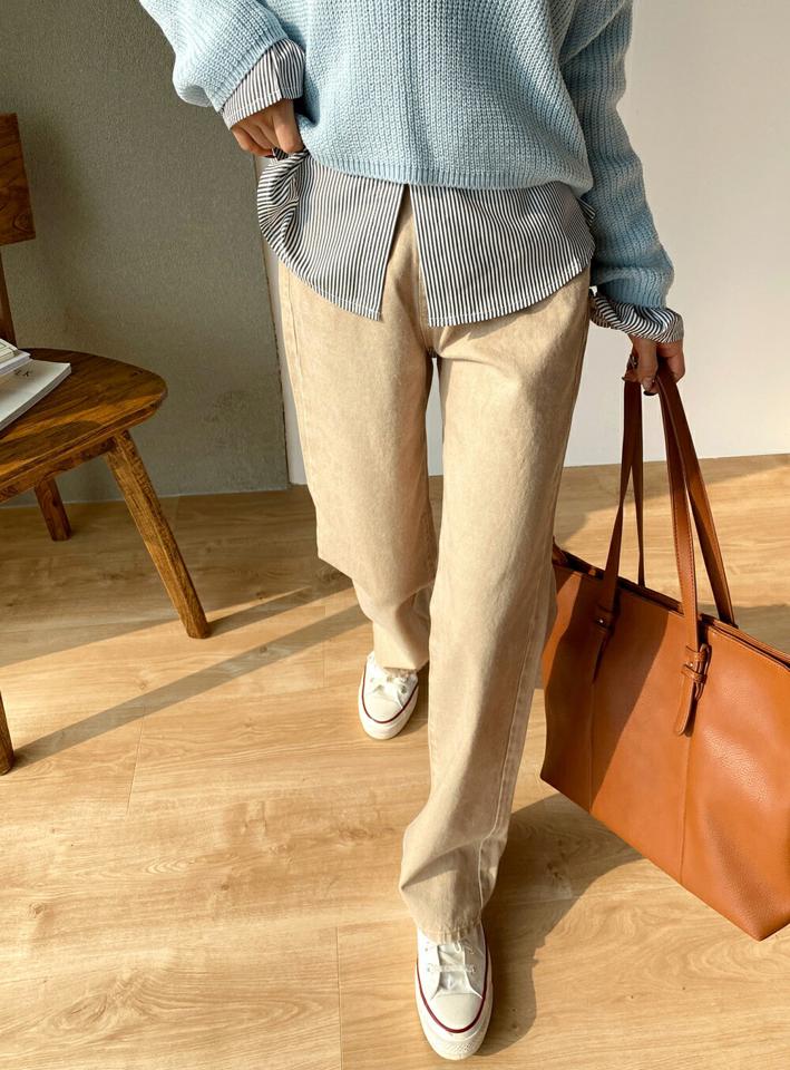 ピグメントカラーワイドパンツ・t00254 レディース 【pt】ボトムス ロング ロングパンツ ワイド ストレート ハイウエスト コットン 綿 ロング丈 無地 単色 ベーシック シンプル フェミニン カジュアル 秋 冬 春 韓国ファッション