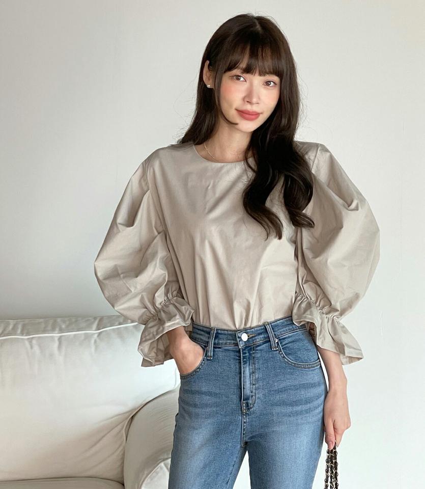 バックリボンパフブラウス・b00409 レディース 【bl】トップス ブラウス ラウンドネック 7分袖 タック パフ 袖口ゴム 綿 コットン 無地 単色 シンプル 大人 かわいい 可愛い カジュアル フェミニン 秋 冬 春 韓国ファッション