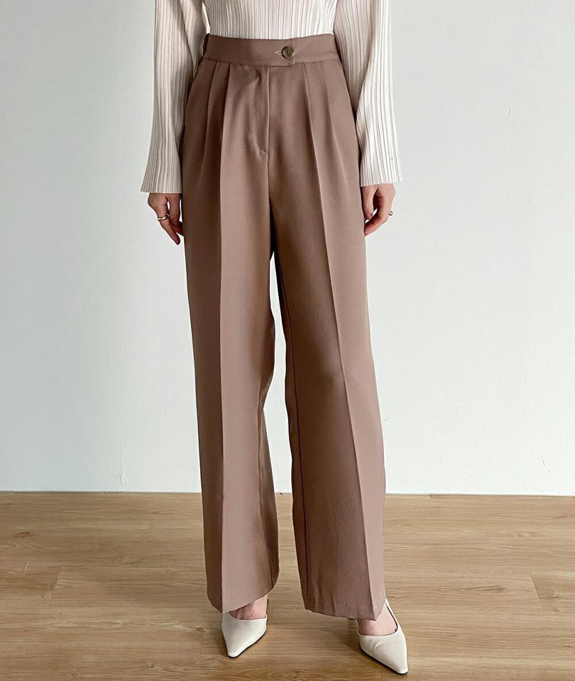 タックワイドボタンスラックス・t00396 レディース 【pt】ボトムス ロング ロングパンツ スラックス ワイド ストレート ハイウエスト ツータック センタープレス ロング丈 無地 単色 シンプル フェミニン カジュアル 秋 冬 春 韓国ファッション