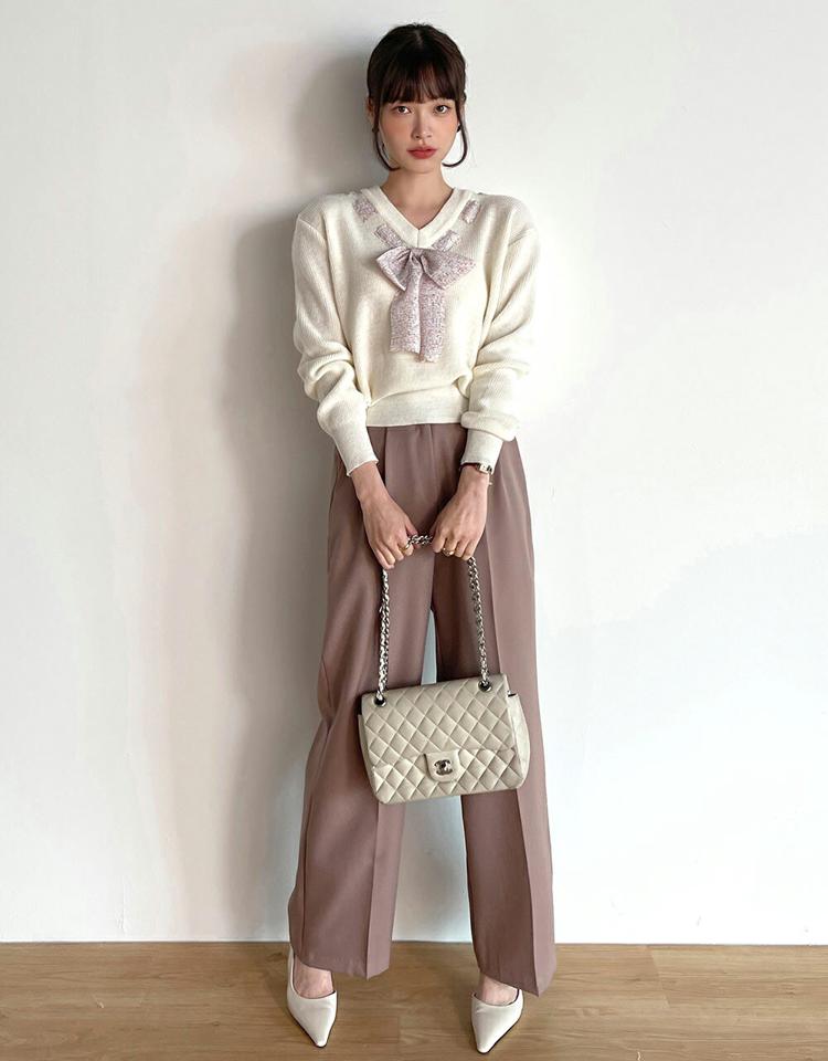 タックワイドボタンスラックス・t00396 レディース 【pt】ボトムス ロング ロングパンツ スラックス ワイド ストレート ハイウエスト ツータック センタープレス ロング丈 無地 単色 シンプル フェミニン カジュアル 秋 冬 春 韓国ファッション