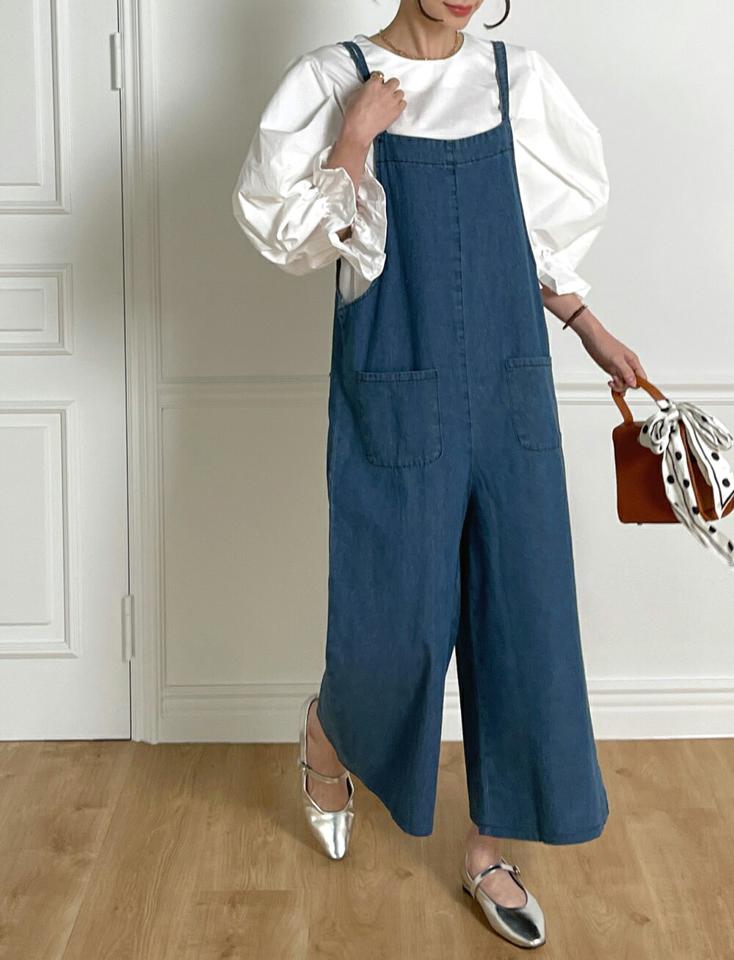 ツーポケットデニムオールインワン・t00395 レディース 【pt】オールインワン パンツ ロング ロング丈 スクエアネック ノースリーブ キャミソール ワイド デニム生地 シンプル カジュアル フェミニン 可愛い かわいい 秋 冬 春 韓国ファッション