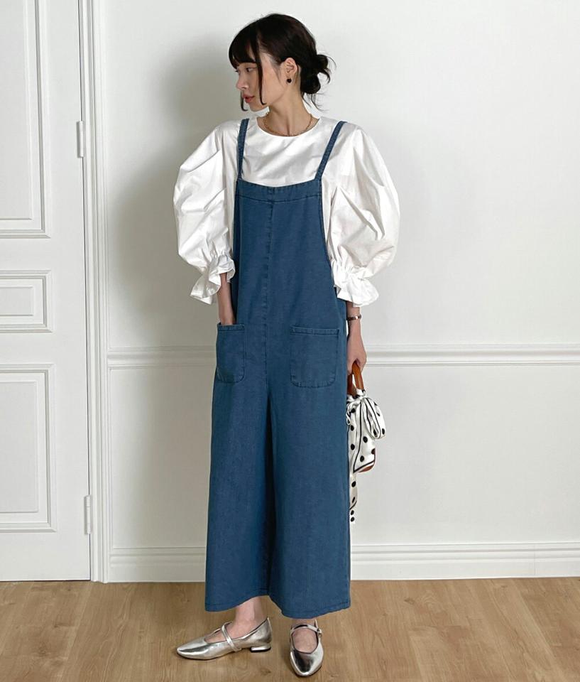 ツーポケットデニムオールインワン・t00395 レディース 【pt】オールインワン パンツ ロング ロング丈 スクエアネック ノースリーブ キャミソール ワイド デニム生地 シンプル カジュアル フェミニン 可愛い かわいい 秋 冬 春 韓国ファッション
