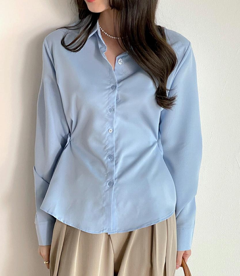 2WAYサイドボタンシャツ・1557592 レディース 【bl】トップス シャツ カラーネック 長袖 ラウンドヘム スリット タック 無地 単色 シンプル かわいい 可愛い カジュアル フェミニン 秋 冬 春 韓国ファッション