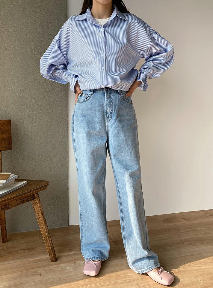 2WAYストライプシャツ・t00231 レディース 【bl】トップス シャツ カラーネック 長袖 キャンディスリーブ ロールアップ ルーズ ストライプ ドロップショルダー ワイド シンプル かわいい 可愛い カジュアル フェミニン 秋 冬 春 韓国ファッション