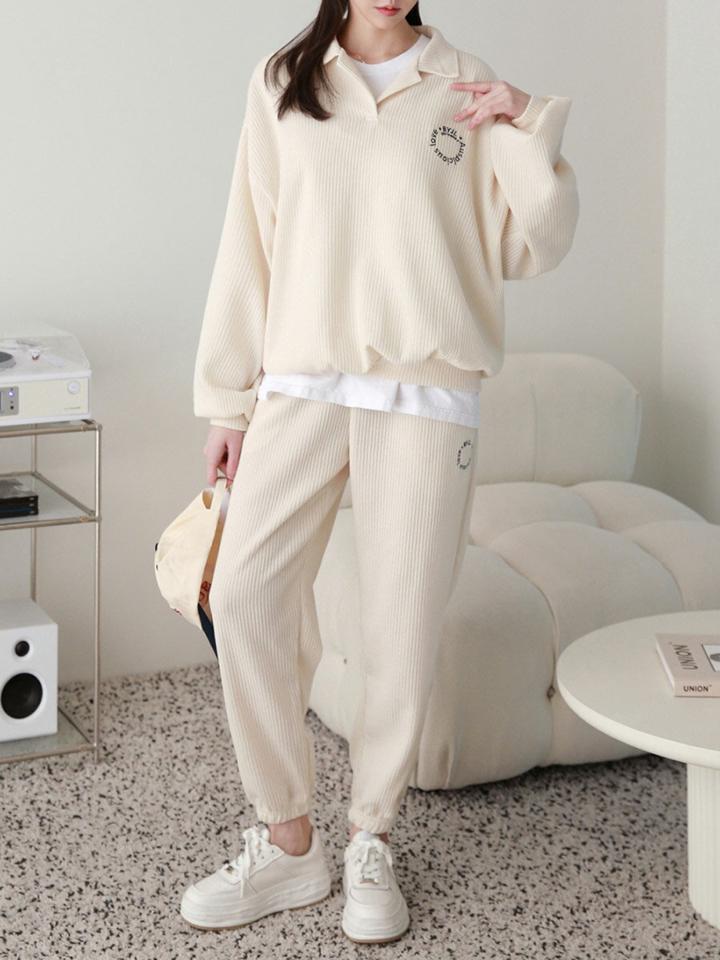 刺繍リブスウェット&ジョガーパンツSET・p002691 レディース 【pt】 韓国ファッション セットアップ スウェット カラーネック 長袖 ドロップショルダー リブ 刺? ルーズ 無地 パンツ ジョガー ロング丈 9分丈 ストレート set カジュアル MKT