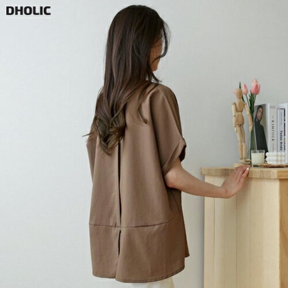 【4DAY限定SALE】ロールアップ半袖ブラウス・p002684 レディース 【bl】 韓国ファッション トップス ブラウス ラウンドネック 半袖 ロールアップスリーブ 切替ライン バックスリット ルーズフィット ゆったり 体型カバー 無地 大人カジュアル カジュアル MKT