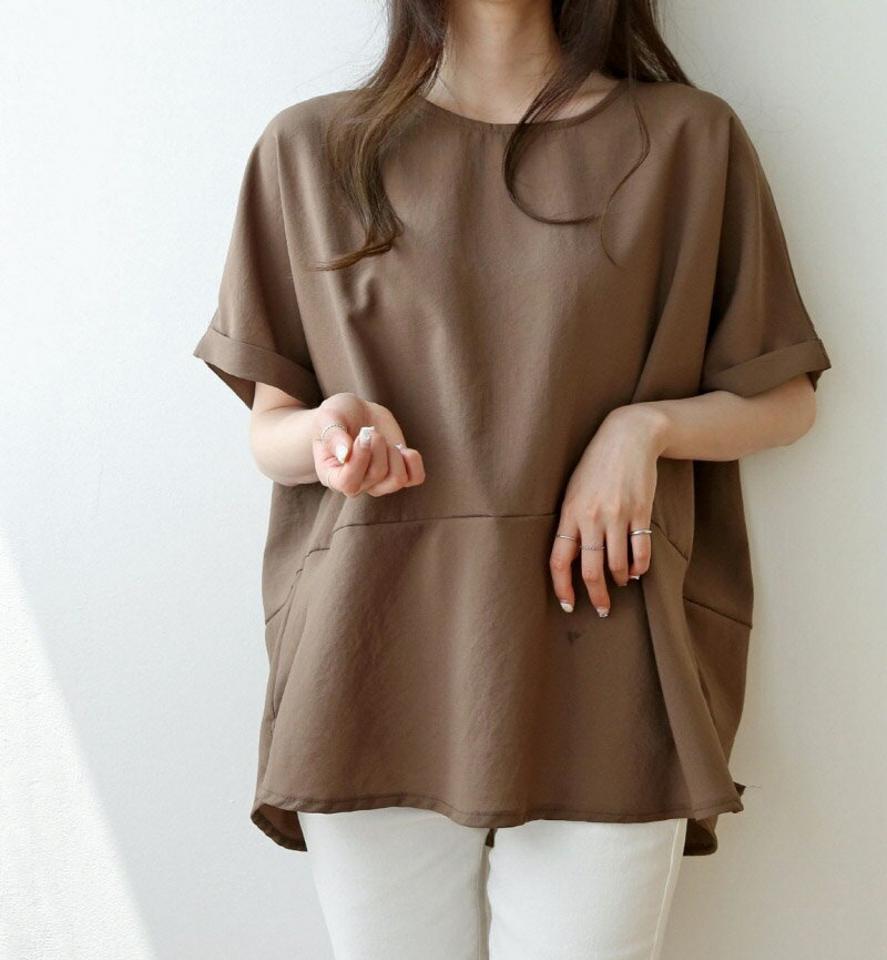 【4DAY限定SALE】ロールアップ半袖ブラウス・p002684 レディース 【bl】 韓国ファッション トップス ブラウス ラウンドネック 半袖 ロールアップスリーブ 切替ライン バックスリット ルーズフィット ゆったり 体型カバー 無地 大人カジュアル カジュアル MKT