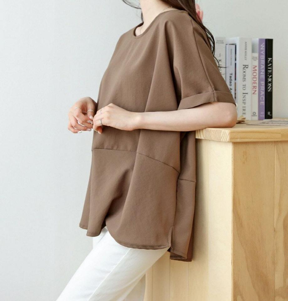 【4DAY限定SALE】ロールアップ半袖ブラウス・p002684 レディース 【bl】 韓国ファッション トップス ブラウス ラウンドネック 半袖 ロールアップスリーブ 切替ライン バックスリット ルーズフィット ゆったり 体型カバー 無地 大人カジュアル カジュアル MKT