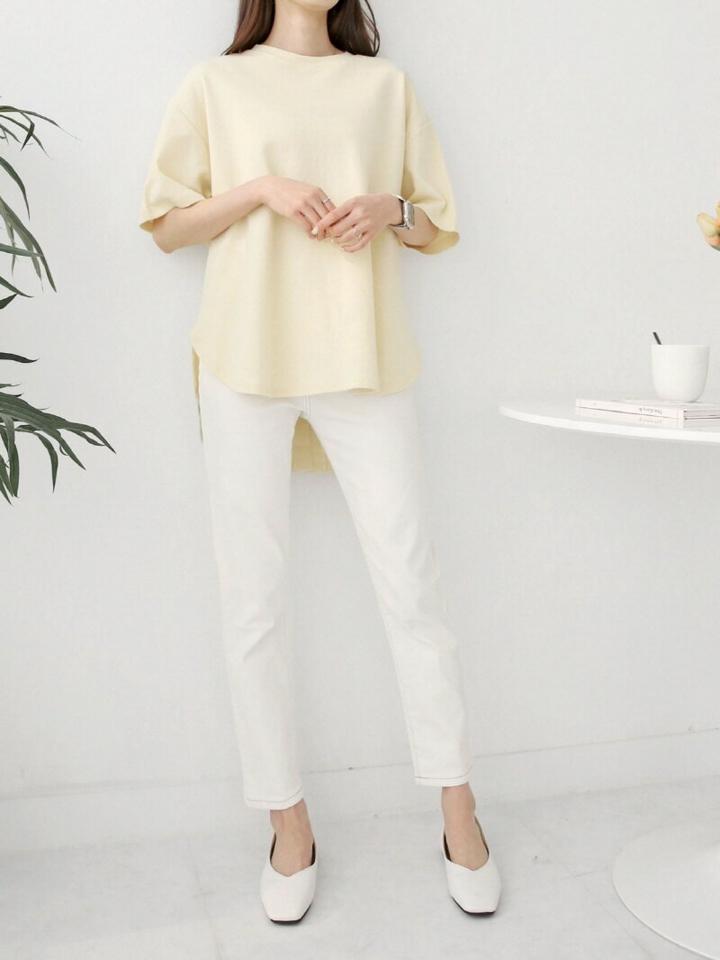 アンバランススリット5分袖Tシャツ・p002679 レディース 【tops】 韓国ファッション トップス Tシャツ ラウンドネック 半袖 5分袖 ドロップショルダー アンバランス バックスリット ルーズフィット ゆったり 体型カバー 無地 大人 カジュアル MKT