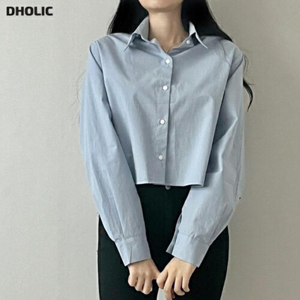 バックプリーツクロップドシャツ・p002672 レディース 【bl】 韓国ファッション トップス シャツ カラーネック 長袖 バックプリーツ クロップド ショート丈 ルーズフィット ゆったり コットン 綿100 無地 大人カジュアル お出かけ カジュアル MKT