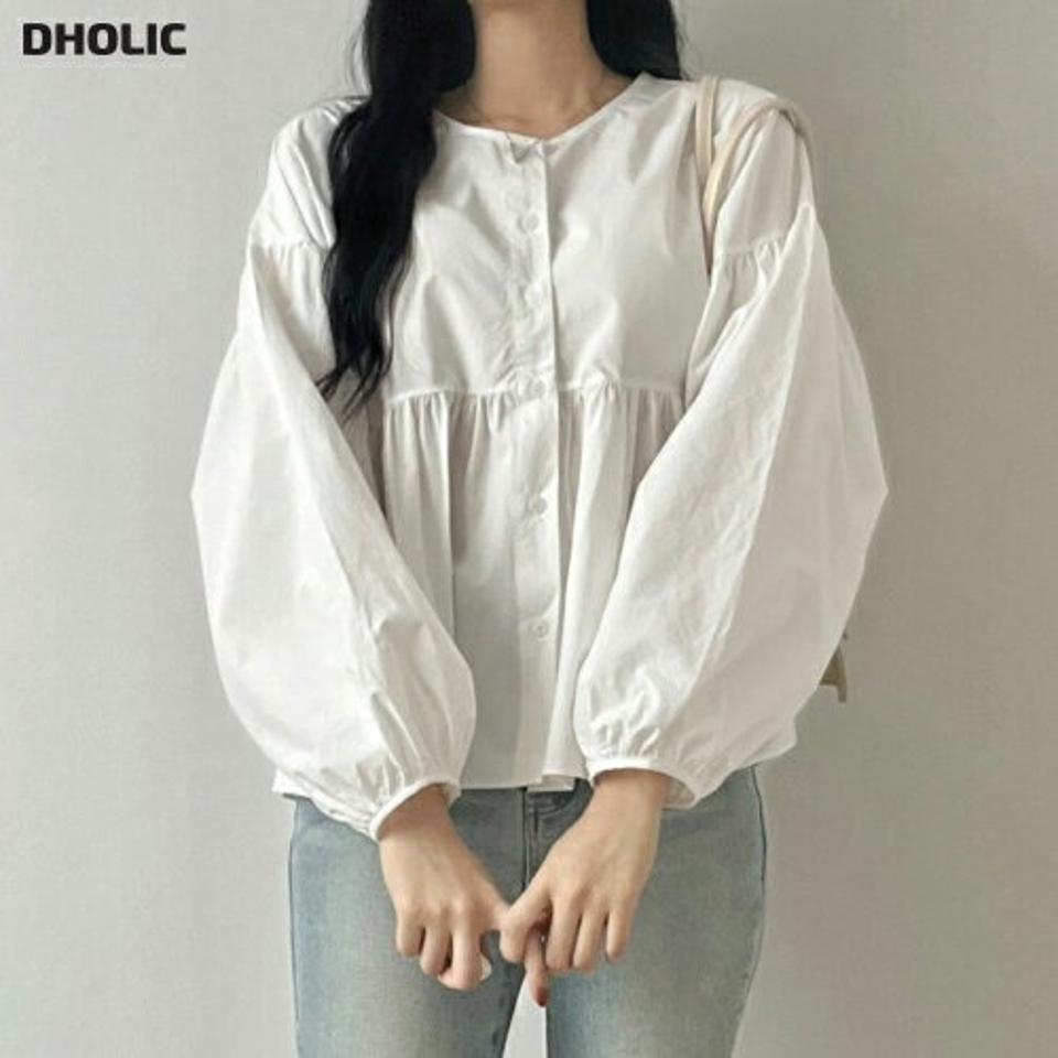 ラウンドネックペプラムブラウス・p002671 レディース 【bl】 韓国ファッション トップス ブラウス ラウンドネック 長袖 バルーンスリーブ 切替 セミクロップド ペプラム フレアヘム コットン 綿100 無地 お出かけ 大人カジュアル カジュアル MKT