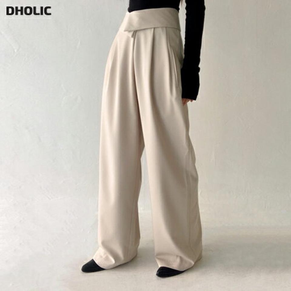 ターンアップウエストスラックス・p002664 レディース 【pt】 韓国ファッション ボトムス パンツ スラックス ロング丈 フルレングス ターンアップウエスト ツータック ポケット ワイド ルーズフィット 無地 ユニーク 大人カジュアル カジュアル MKT