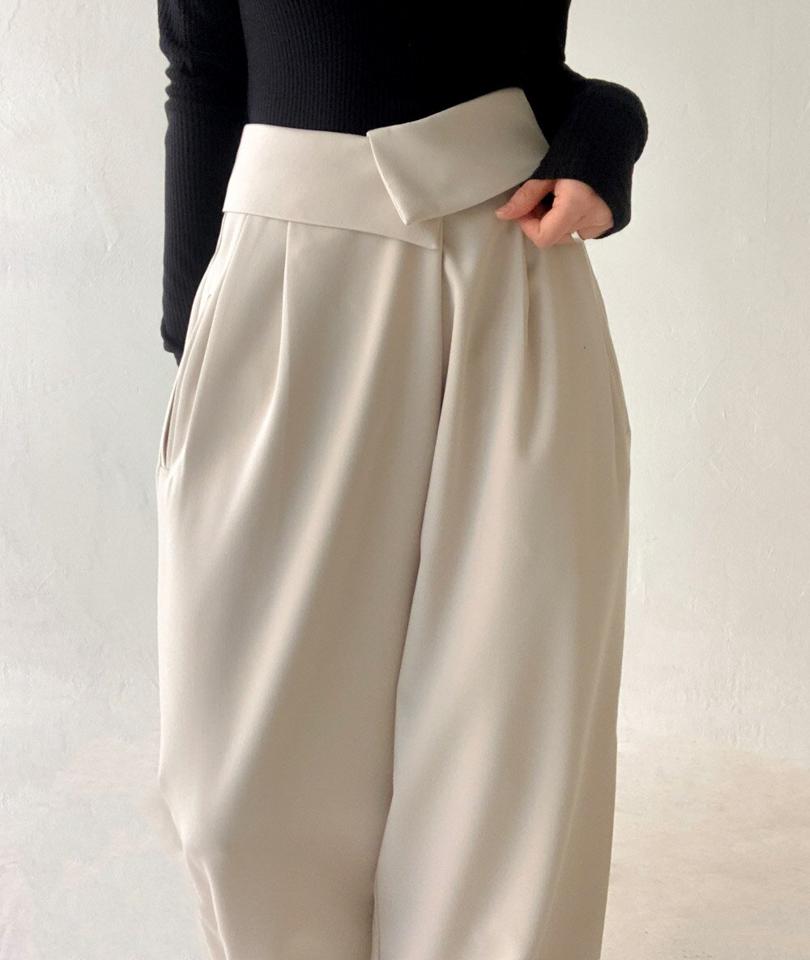 ターンアップウエストスラックス・p002664 レディース 【pt】 韓国ファッション ボトムス パンツ スラックス ロング丈 フルレングス ターンアップウエスト ツータック ポケット ワイド ルーズフィット 無地 ユニーク 大人カジュアル カジュアル MKT