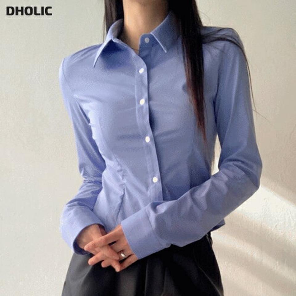 【マラソン特価】ダーツクロップドシャツ・p002566 レディース 【bl】 韓国ファッション トップス シャツ カラーネック 長袖 クロップド ショート丈 フロントボタン ターツ スリムフィット タイト 細身 無地 パステル シンプル ベーシック デイリー カジュアル MKT セール