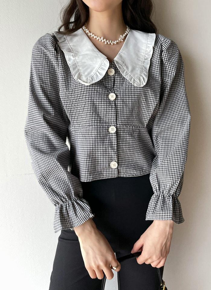 フリルカラーチェックブラウス・t00410 レディース 【bl】トップス ブラウス Vネック 長袖 パフ フリル ホワイトカラー ギンガムチェック クロップド丈 シンプル 大人 かわいい 可愛い カジュアル フェミニン 秋 冬 春 韓国ファッション