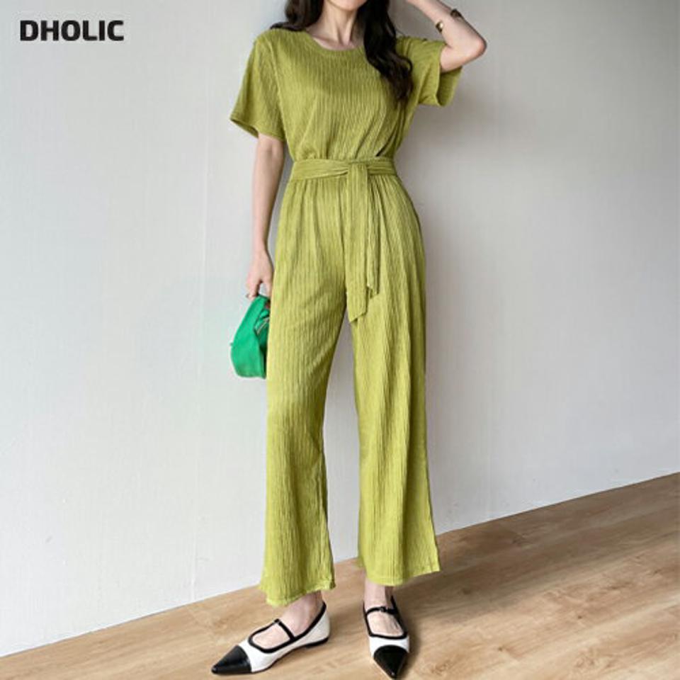 リンクル半袖Tシャツ&リボンパンツSET・t00382 レディース 【pt】setup セットアップ Tシャツ パンツ ラウンドネック 半袖 クロップド丈 ワイド ストレート ハイウエスト リボン シンプル フェミニン カジュアル 秋 冬 春 韓国ファッション