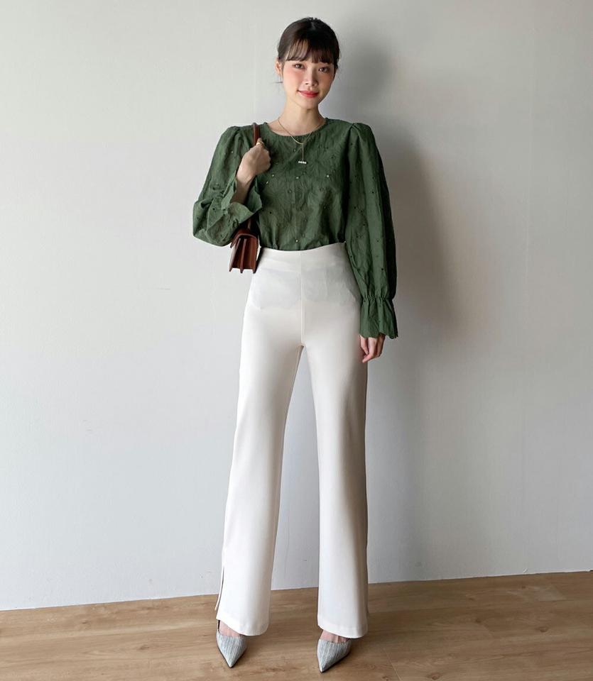 サイドジップスリットスラックス・t00380 レディース 【pt】ボトムス ロング ロングパンツ スラックス フルレングス フレア スリット ヒップダーツ ハイウエスト ロング丈 無地 単色 シンプル フェミニン カジュアル 秋 冬 春 韓国ファッション