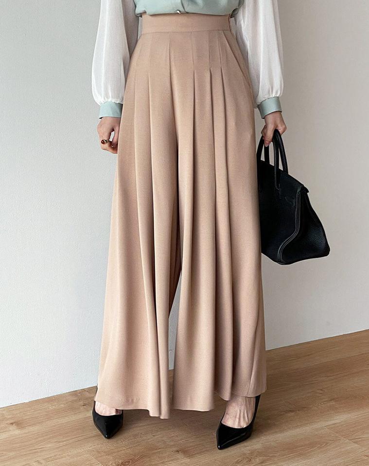 イージータックフレアパンツ・b00377 レディース 【pt】ボトムス ロング ロングパンツ フルレングス ハイウエスト フレア タック バックシャーリングゴム ロング丈 無地 単色 シンプル フェミニン カジュアル 秋 冬 春 韓国ファッション