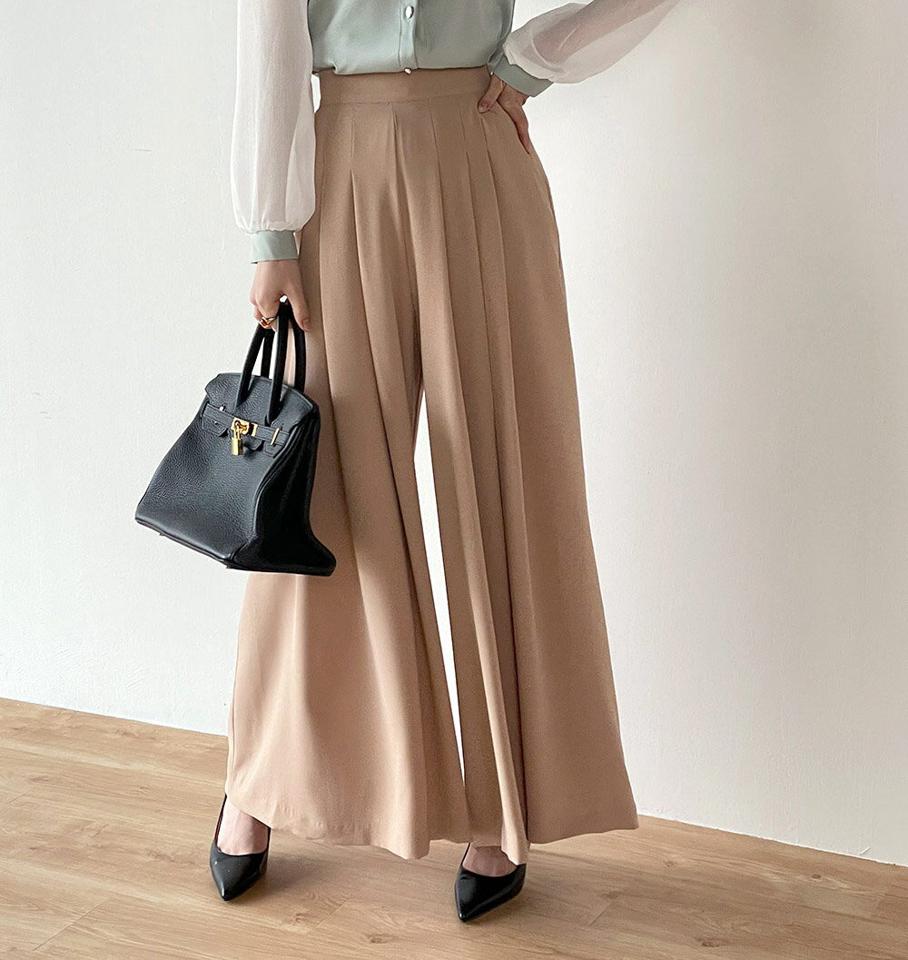 イージータックフレアパンツ・b00377 レディース 【pt】ボトムス ロング ロングパンツ フルレングス ハイウエスト フレア タック バックシャーリングゴム ロング丈 無地 単色 シンプル フェミニン カジュアル 秋 冬 春 韓国ファッション