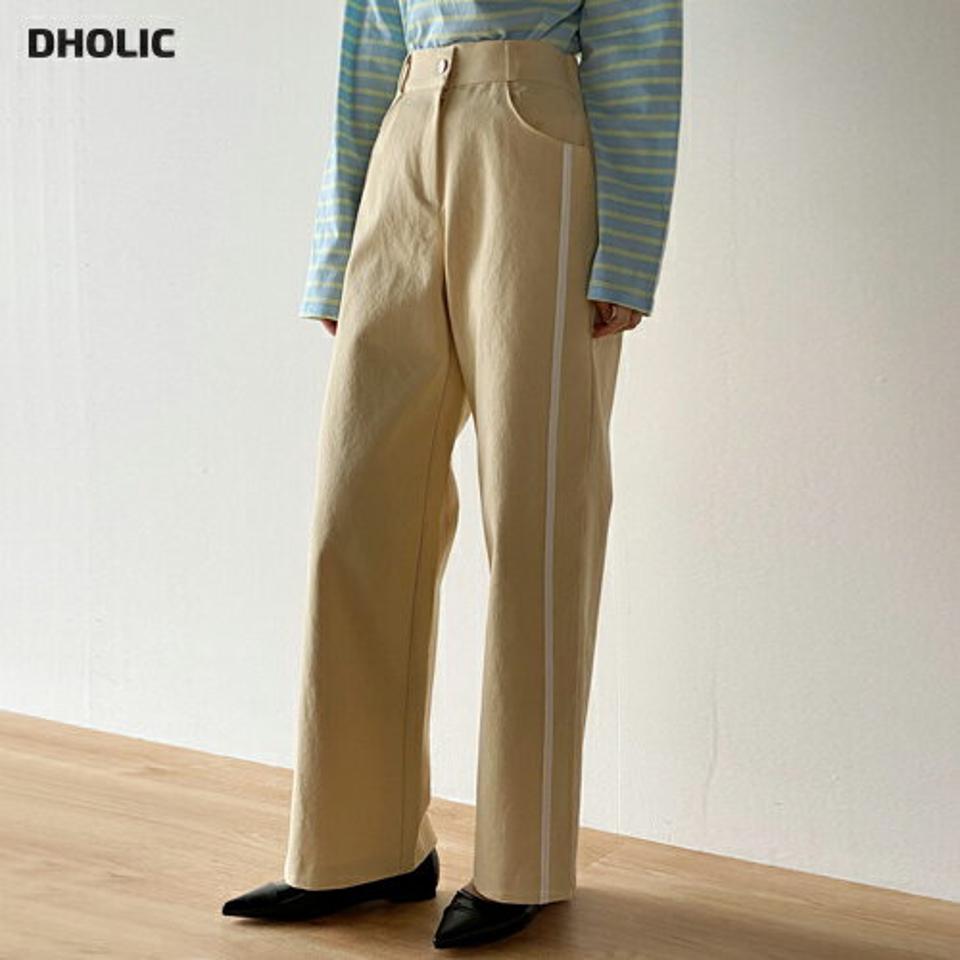 ホワイトラインコットンパンツ・t00376 レディース 【pt】ボトムス ロング ロングパンツ コットン 綿 ワイド ストレート ハイウエスト バックゴム 配色 ロング丈 シンプル フェミニン カジュアル 秋 冬 春 韓国ファッション