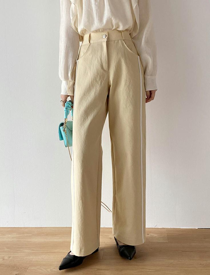 ホワイトラインコットンパンツ・t00376 レディース 【pt】ボトムス ロング ロングパンツ コットン 綿 ワイド ストレート ハイウエスト バックゴム 配色 ロング丈 シンプル フェミニン カジュアル 秋 冬 春 韓国ファッション