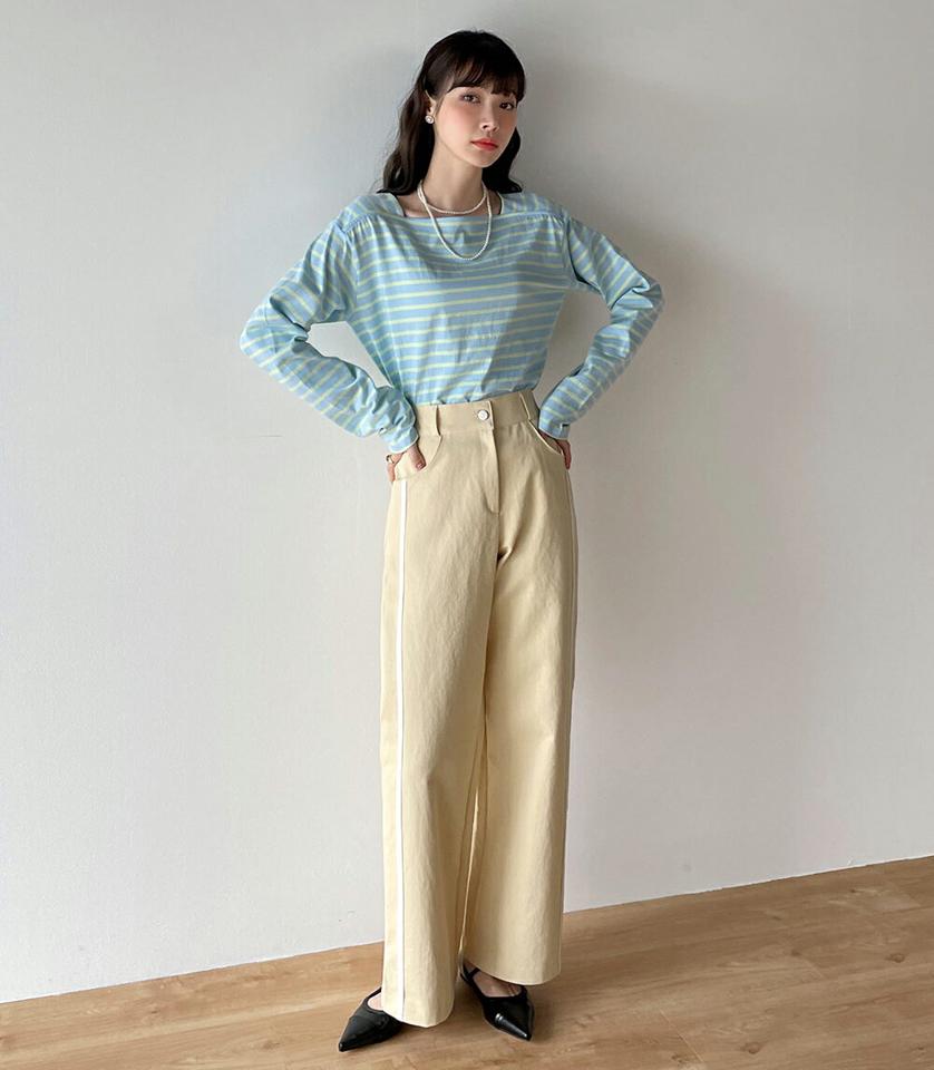 ホワイトラインコットンパンツ・t00376 レディース 【pt】ボトムス ロング ロングパンツ コットン 綿 ワイド ストレート ハイウエスト バックゴム 配色 ロング丈 シンプル フェミニン カジュアル 秋 冬 春 韓国ファッション