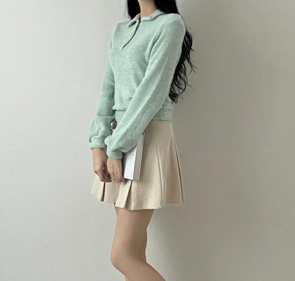 くるみボタンポロカラーTシャツ・p002615 レディース 【tops】トップス Tシャツ 長袖 単色 無地 シンプル ベーシック パステル ポロ襟 秋 冬 かわいい 可愛い キュート ラブリー カジュアル 韓国ファッション MKT