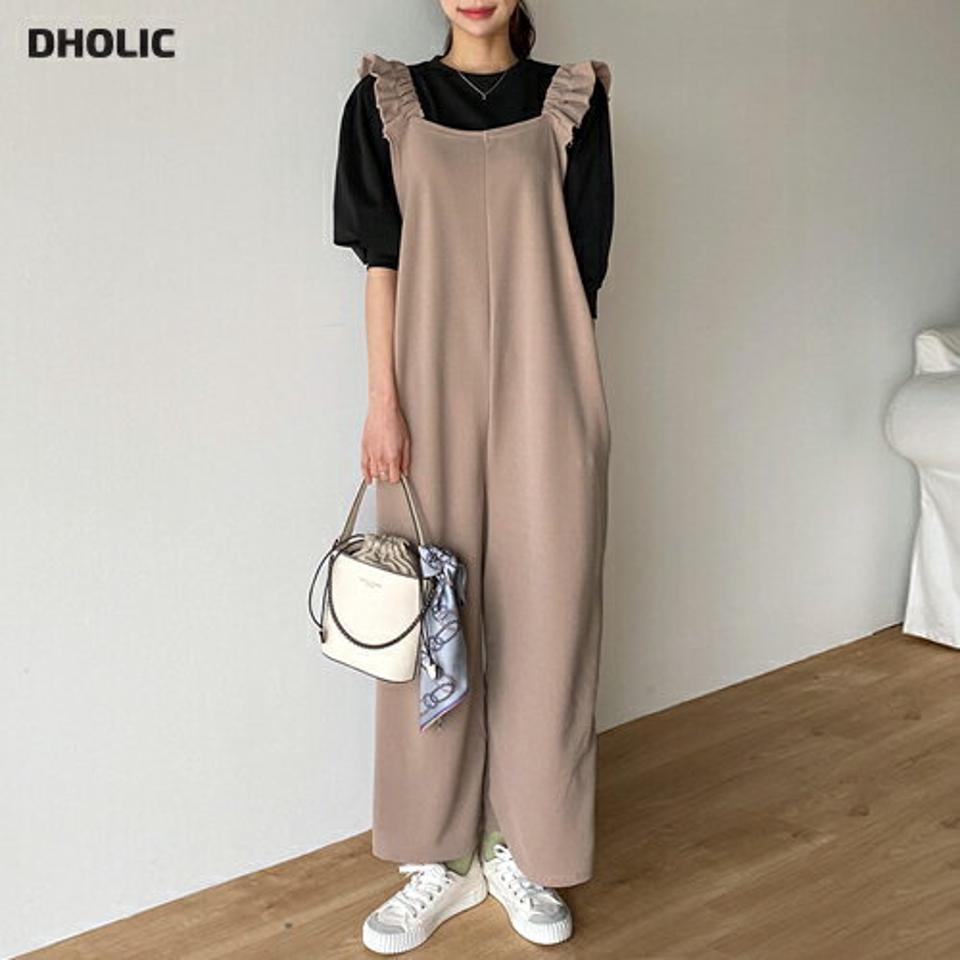 フリルノースリオールインワン・b00707 レディース 【pt】オールインワン パンツ ロング ロング丈 スクエアネック ワイド ストレート リンクル フリル シンプル カジュアル フェミニン 可愛い かわいい 秋 冬 春 韓国ファッション