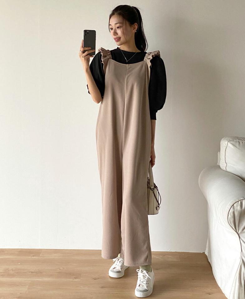 フリルノースリオールインワン・b00707 レディース 【pt】オールインワン パンツ ロング ロング丈 スクエアネック ワイド ストレート リンクル フリル シンプル カジュアル フェミニン 可愛い かわいい 秋 冬 春 韓国ファッション