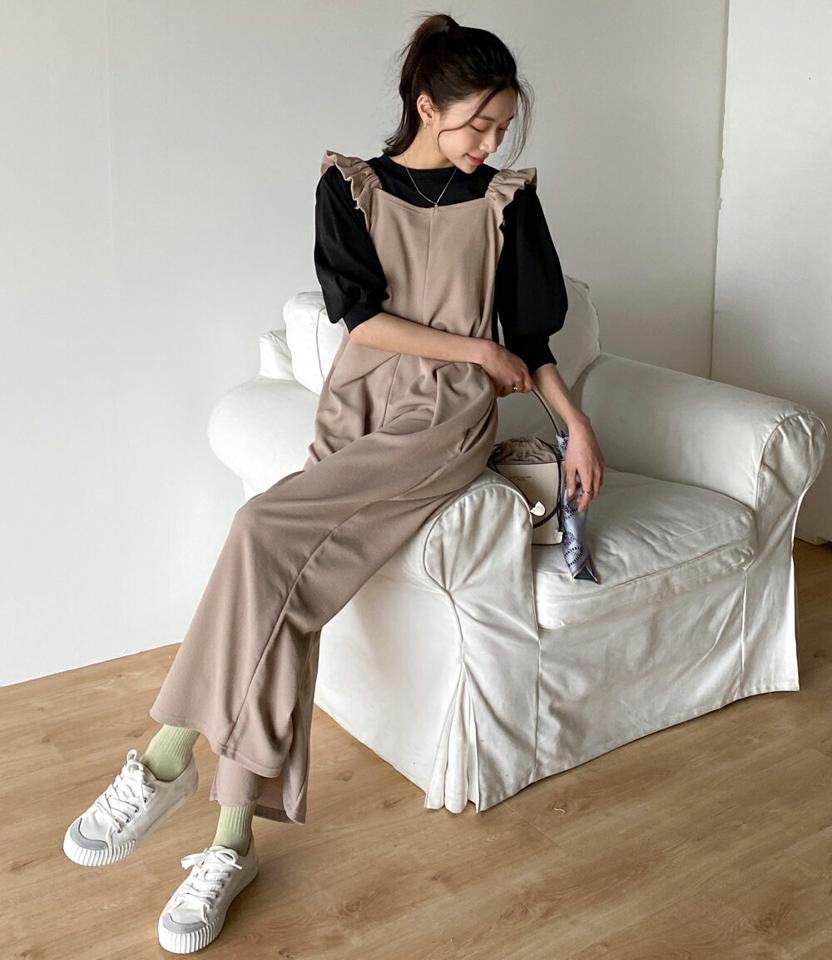 フリルノースリオールインワン・b00707 レディース 【pt】オールインワン パンツ ロング ロング丈 スクエアネック ワイド ストレート リンクル フリル シンプル カジュアル フェミニン 可愛い かわいい 秋 冬 春 韓国ファッション
