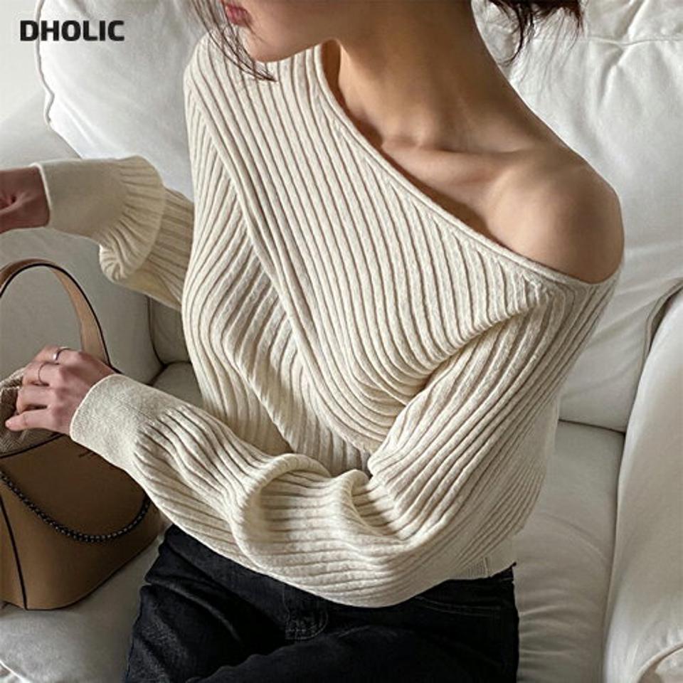 2WAYダイヤゴナルリブニット・t00716 レディース 【tops】トップス ニット ボートネック ワンショルダー 長袖 ラグラン ルーズ 大人 鎖骨 デコルテ シンプル カジュアル フェミニン 可愛い かわいい 秋 冬 春 韓国ファッション