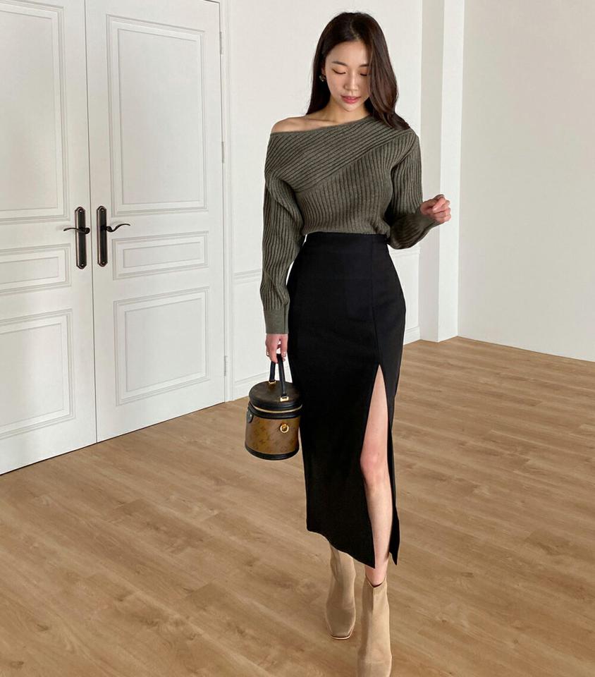 2WAYダイヤゴナルリブニット・t00716 レディース 【tops】トップス ニット ボートネック ワンショルダー 長袖 ラグラン ルーズ 大人 鎖骨 デコルテ シンプル カジュアル フェミニン 可愛い かわいい 秋 冬 春 韓国ファッション