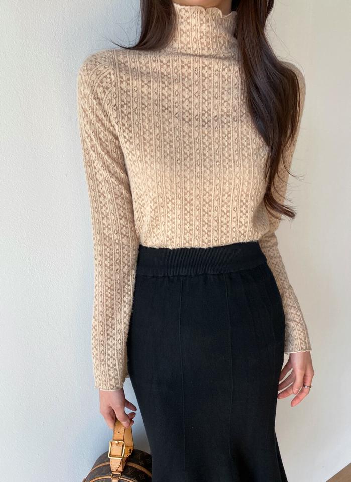 ハイネックシアーレースブラウス・t00694 レディース 【bl】トップス ブラウス ハイネック 長袖 花柄 フラワー フローラル ダイヤパターンレース メロウヘム シンプル 大人 かわいい 可愛い カジュアル フェミニン 秋 冬 春 韓国ファッション