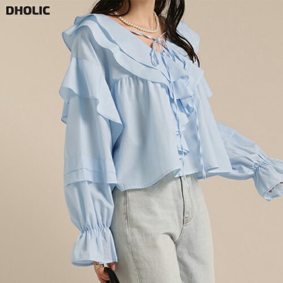 Vネックリボンフリルブラウス・t00419 レディース 【bl】トップス ブラウス Vネック 長袖 リボン フリル クロップド丈 ギャザー シンプル 大人 かわいい 可愛い カジュアル フェミニン 秋 冬 春 韓国ファッション