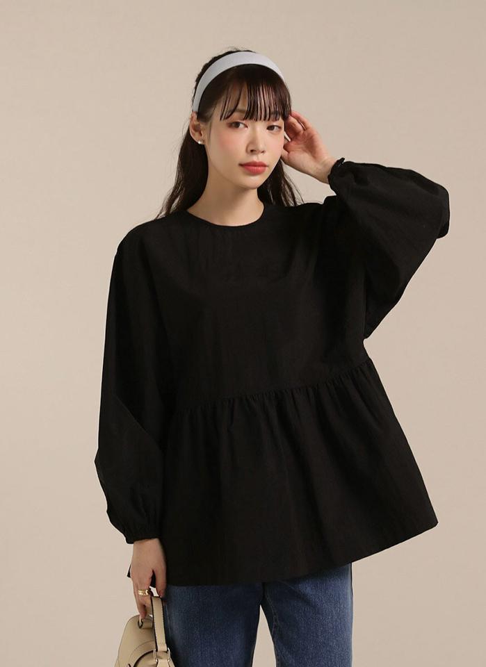 バックリボンフレアブラウス・t00422 レディース 【bl】トップス ブラウス ラウンドネック 長袖 パフ ギャザー フレア バックオープン リボン 無地 単色 シンプル 大人 かわいい 可愛い カジュアル フェミニン 秋 冬 春 韓国ファッション