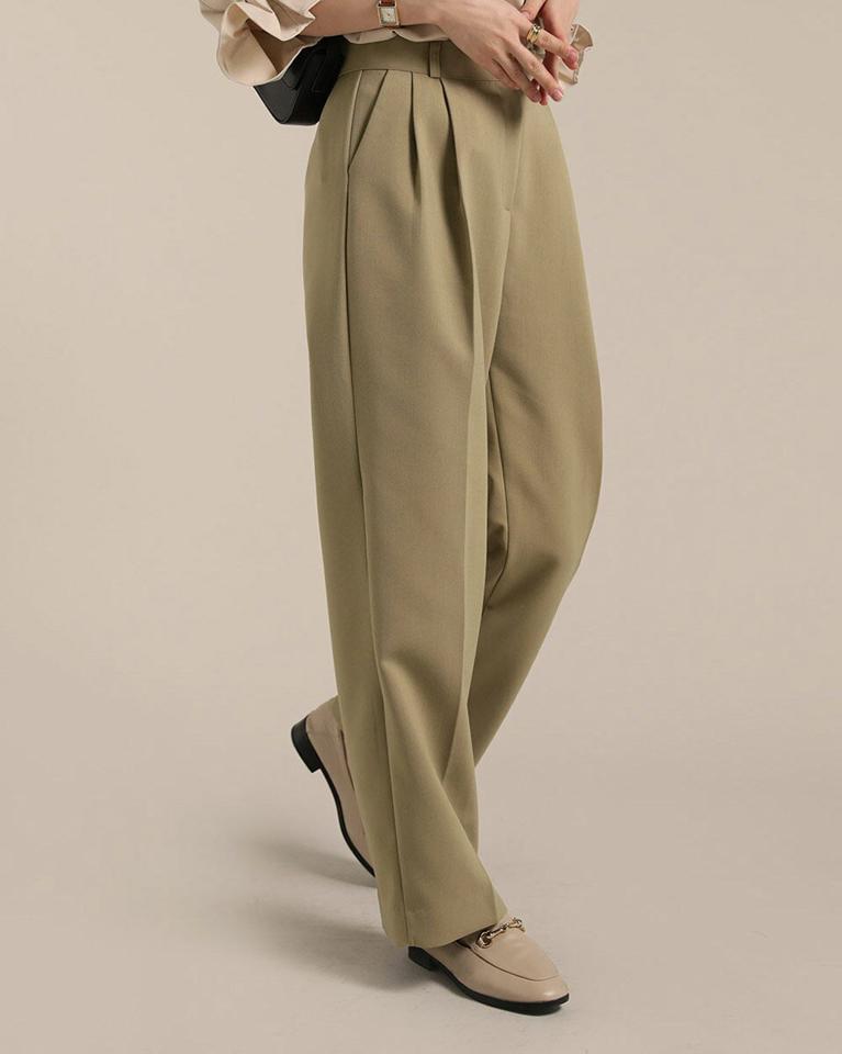 タックイージースラックス・t00437 レディース 【pt】ボトムス ロング ロングパンツ スラックス ツータック センタープレス ハイウエスト ワイド ストレート ロング丈 無地 単色 シンプル フェミニン カジュアル 秋 冬 春 韓国ファッション