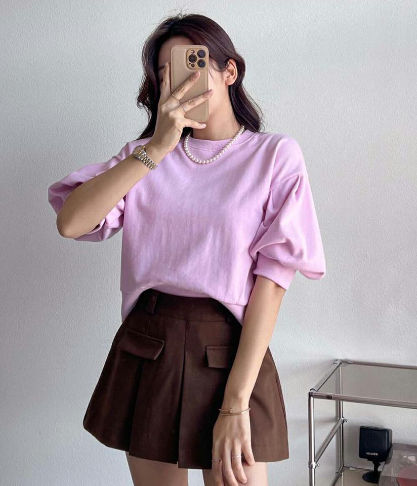 ハーフパフスリーブTシャツ・p003104 レディース 【tops】 韓国ファッション トップス Tシャツ カットソー ティーシャツ ラウンドネック パフ袖 ぼわん袖 5分袖 五分袖 ルーズ ゆったり 無地 パステルカラー 夏 カジュアル 春 秋 MKT